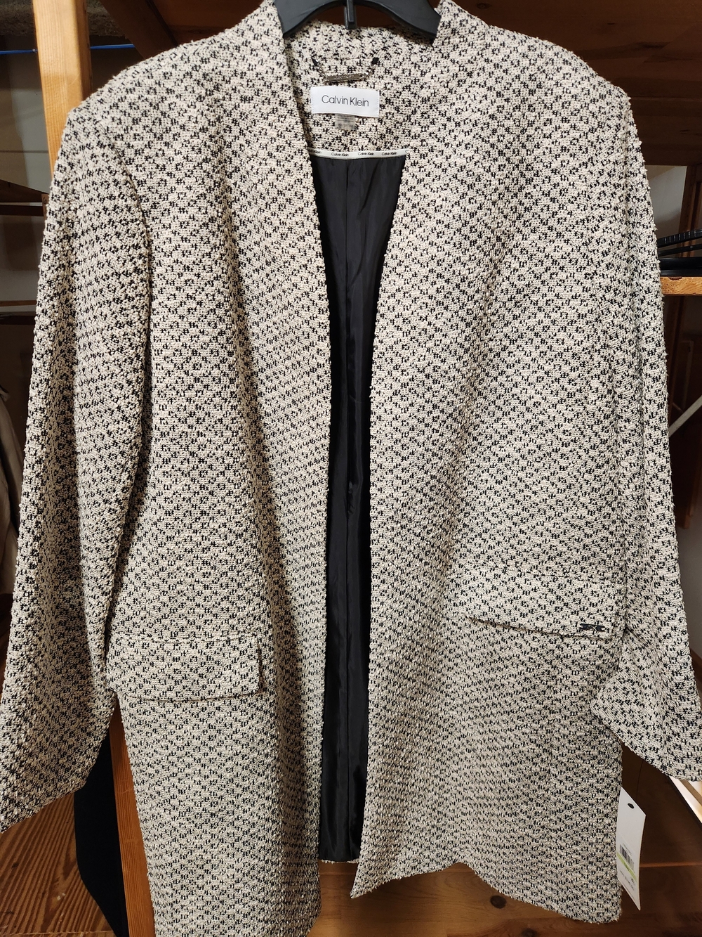 Calvin Klein Cream and Black Textured Open-Front Blazer